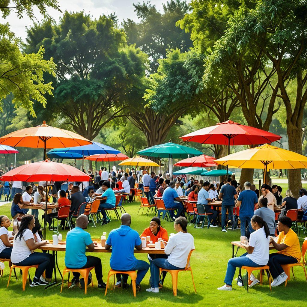 A warm and inviting community scene showcasing diverse people gathered in a park, engaging in support activities, like sharing ideas over coffee, providing assistance to one another, and communicating joyously. Incorporate elements of insurance symbolism, such as umbrellas and safety nets, subtly intertwined in the background. Feeling of connection and safety should be palpable, highlighting the importance of local support. vibrant colors. super-realistic.