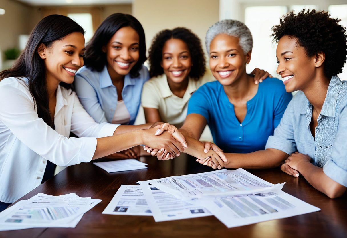 A warm, inviting family gathering around a table, with various insurance policy documents spread out, showcasing different coverage options. The background features a cozy home setting with soft, natural lighting, symbolizing safety and togetherness. Include elements like smiling faces, a protective shield graphic hovering above, and family handshakes illustrating trust. super-realistic. vibrant colors. soft focus.